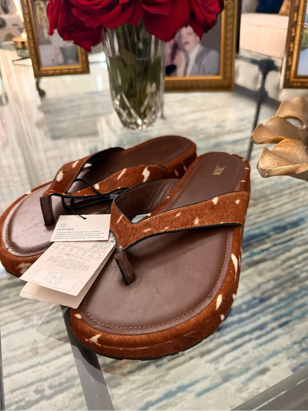 Zara Brown Cow-Print Leather Thong Sandals - Picture 2 of 4